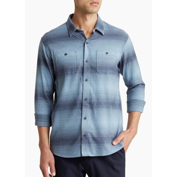 Travis Mathew Good Luck Stripe Micro Flannel Shirt Mens Sz Small Blue Nights - Picture 1 of 5